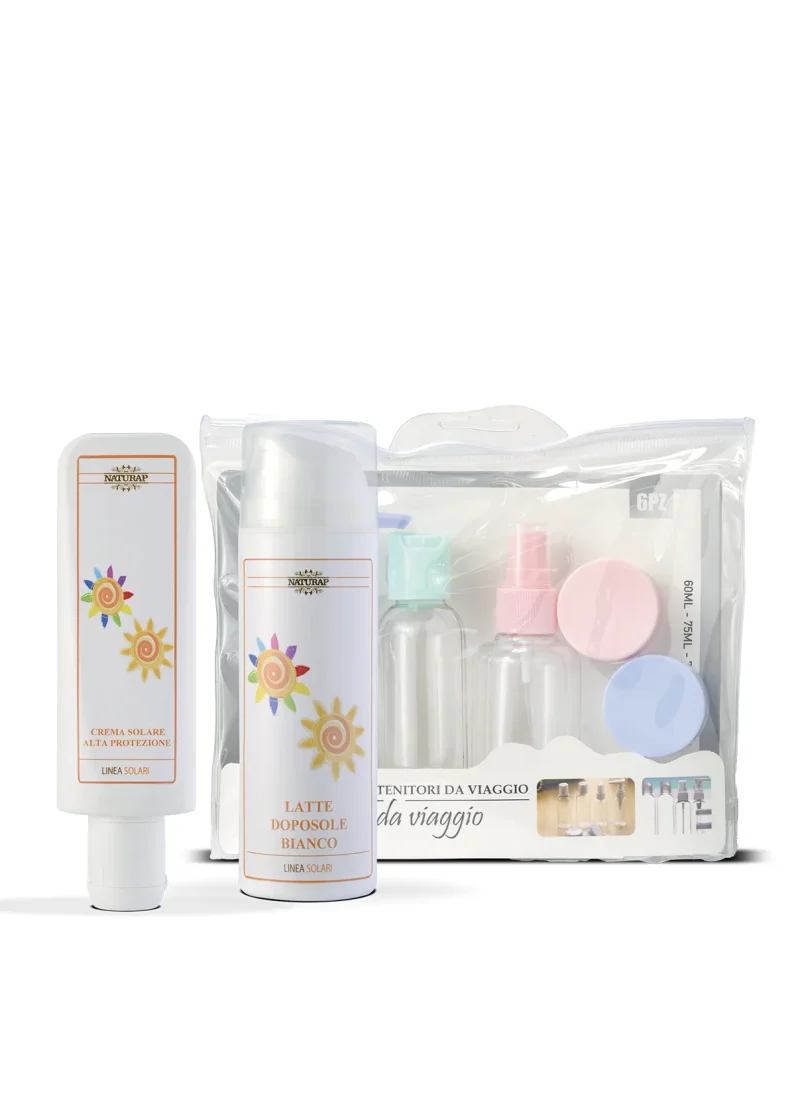 VS 21 - CREMA SOLARE ALTA PROTEZIONE 100 ml + CREMA DOPOSOLE a scelta 150 ml + kit contenitori da viaggio in omaggio