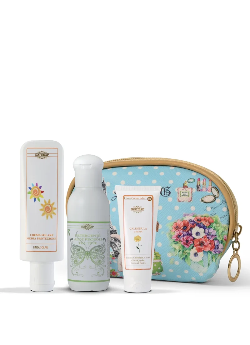 VS 19 - SOLARE MEDIA PROTEZIONE 100 ml + DETERGENTE ALOE PROPOLI E TEA TREE 80 ml + CREMA CALENDULA 30 ml In Trousse fantasia assortite